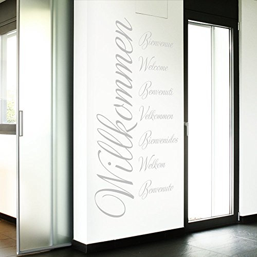 Grandora Wandtattoo Wort Willkommen in 8 Sprachen I hellgrau (BxH) 58 x 117 cm I Flur Diele selbstklebend Aufkleber Wandaufkleber Wandsticker Sticker W3014