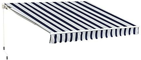 Outsunny 3m x 2.5m Garden Patio Manual Awning Retractable, Blue and White