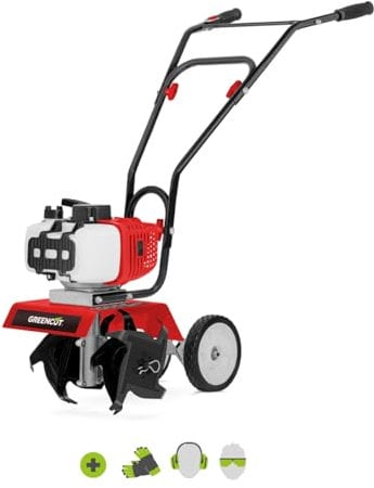 GREENCUT GTC130X - Motoazada de Gasolina 65cc 3,7CV 2 Tiempos, 30cm de Ancho de Trabajo, 15cm de Profundidad, 4 Fresas Intercambiables, Ideal para Huertos y Jardines