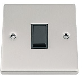 Light Switch 1 Gang - Satin Matt Chrome - Square - Black Insert Plastic Switch - 10 Amp Single 1 Gang 2 Way