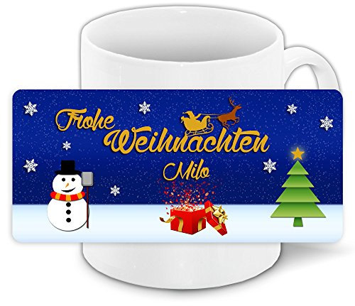 Weihnachtstasse mit Namen Milo und Motiv „Nr. 1“ mit Schneemann, Geschenk und Tannenbaum