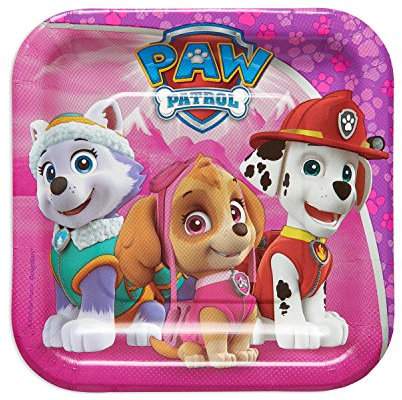 Amscan International- Platos de papel cuadrados rosas con tema de la Patrulla Canina, 18 cm, 8 unidades. (013051674687)