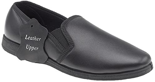 Men's softie Leather Slippers HADLEY twin gusset with rubber sole (11 UK, Black)
