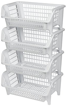 Regal bestehend aus vier stapelbaren Körben aus Kunststoff in Weiß. Stapel- und nestbar. Beliebig erweiterbar. Maße BxTxH 54,5 x 38 x 92 cm!