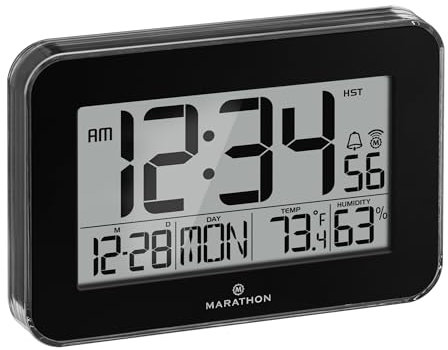 Marathon Atomwanduhr mit Kristallrahmen, schwarz, großes 19,1 cm großes Display, AM/PM oder 24-Stunden-Zeitformat, acht Zeitzonen, Innentemperatur und Luftfeuchtigkeit, Zwei AA-Batterien im