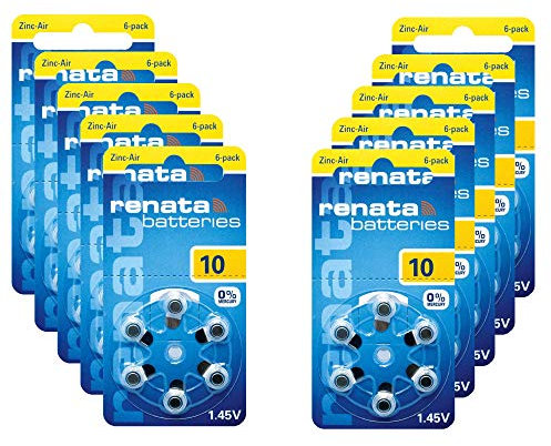 60x Renata Gr. 10 Hörgerätebatterien 10x 6er Blister PR70 Gelb 1,45V ZA10.DP6