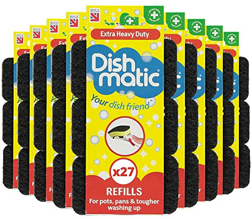 Dishmatic Black Extra Heavy-Duty Washing-Up Sponge Refill Heads with Antibacterial Abrasive - Kitchen Washing-Up Handle Refills - 3pk x 9