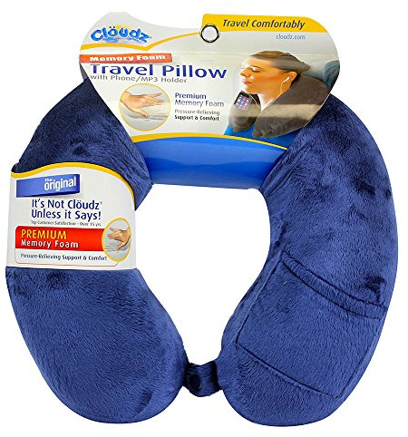 Cloudz Memory Foam Travel Neck Pillow with Snap & Pocket - Blue