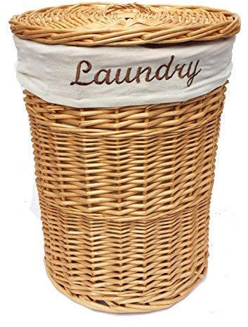Brown White Honey Wicker Round Laundry Basket Bin Toilet Roll Holder + Lining[Honey Laundry Basket (Medium)(50X37Cm)]