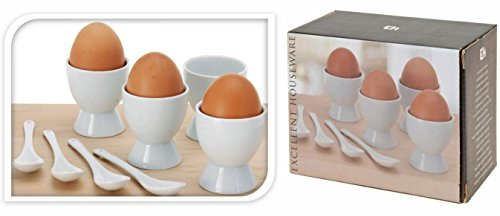 Koopman International Lot de 4 coquetiers en céramique avec cuillère Blanc