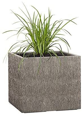 Pflanzwerk® Maceta Fibra de Vidrio Cube Wood Gris 38x44x44cm XXL *Resistente a Las heladas* *Protección UV* *Calidad Europeo*