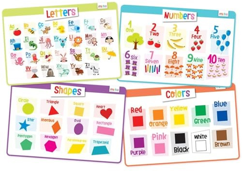merka Kids Placemats - Reusable Educational Toddler Placemat - Table Mat for Learning Alphabet ABC, Shapes, Colors, Counting, Numbers - Wipeable, Washable, Non Slip Kid Placemat for Dining Table