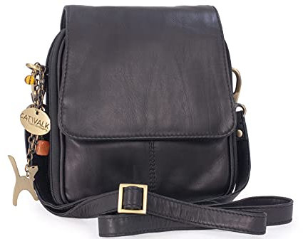 Catwalk Collection Handbags - Damen Leder Umhängetasche - Crossbody Bag/Handtasche Klein - Verstellbarer Abnehmbarer Gurt - TEAGAN - Schwarz