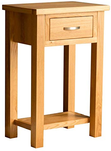 RoselandFurniture London Oak Slim Console Table with Storage Drawer | Wooden Hall Stand with Shelf for Hallway, Lacquered Finish, Contemporary Style, H75cm W50cm D32cm