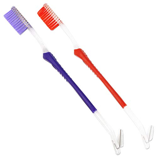 Orthodontic Toothbrush (Set of 2) V-Trim Double-Ended Brush with Interproximal Head for Cleaning Ortho Braces (Purple & Red)