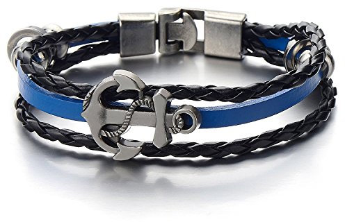 COOLSTEELANDBEYOND Anker Multi-Strang Leder-Armband Wickeln Schweißband Jungen Herren-Armband Schwarz Blau Leder