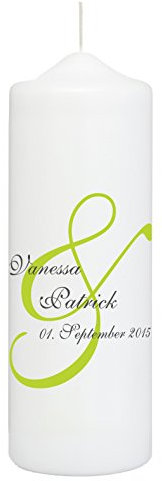 Weddix Hochzeitskerze Weiß mit & Zeichen in Grün als Verzierung - Personalisiert mit Namen des Brautpaars und Datum der Hochzeit, Traukerze mit Spruch