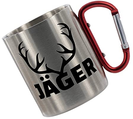 CreaLuxe Edelstahltasse mit Karabiner - Jäger - 330ml, Tasse bedruckt, Kaffeetasse, Bürotasse, Metalltasse, Jägerzubehör, Gravierte Tasse