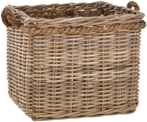Grande corbeille à fleurs carrée en rotin naturel gris 50 x 50 cm avec bordure en corde - Pot en rotin tressé - Taille XL également utilisable comme panier à bois