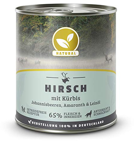 Hundeland Natural - Hirsch + Kürbis - 6 x 800 g - getreidefreies Hundefutter - Nassfutter für alle Hunderassen - viel frisches Fleisch - artgerecht & besonders gut verträglich