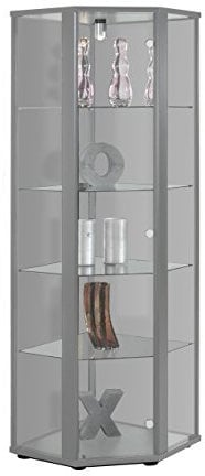 K-Möbel Eckvitrine in Alu/Silber (176x56,5x56,5 cm) mit 4 Glasböden & LED - Modellauto Vitrine Silber - Vitrinenschrank Silber - Sammlervitrine - Wohnzimmerschrank Glasvitrine Regal Glas Schrank