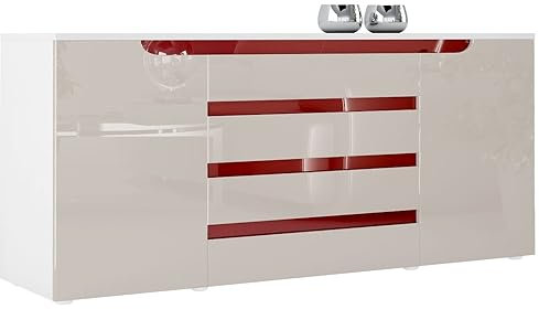 Vladon Sideboard Kommode Sylt V2, Made in Germany, Korpus in Weiß matt/Front in Sandgrau Hochglanz mit Absetzungen in Bordeaux Hochglanz (166 x 72 x 35)