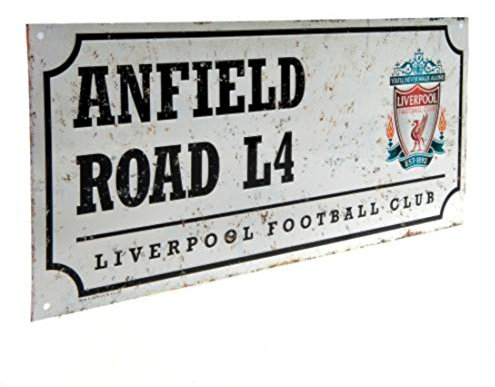 Liverpool F.C. Liverpool Football Club Dekoschild – Retro Mehrfarbiges Straßenschild – Anfield Road L4 – 18 x 40 cm Wandhalterung aus legiertem Stahl