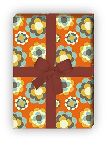 Kartenkaufrausch Trendiges 70er Jahre Geschenkpapier Set mit Retro Streu Blüten für tolle Geschenk Verpackung, Designpapier, scrapbooking, 4 Bogen, 32 x 48cm, in orange
