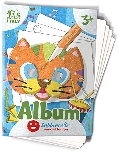 Sabbiarelli – Album Die Kleinen Masken | Klebebögen für Sand Art | Enthält 4 Karton-Klebebögen A5 für 4 Masken mit Gummibändern | 100% Made in Italy | 3-5 Jahre | FARBSAND NICHT ENTHALTEN