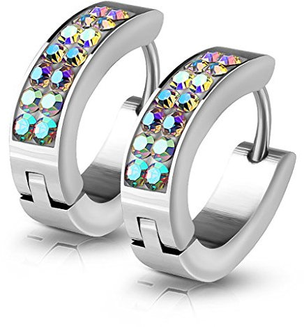 edle Damen Creolen Kreolen Klappcreolen Edelstahl Zirkonia Kristall Glitzer Autiga® silber-aurora-borealis