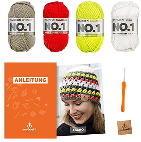 myboshi Häkelset Mütze Agano, inkl. No.1 Wolle, Nadel und Anleitung, für Mützen und Schals, Häkelpaket, 30% Merinowolle Gelb, Orange mit Häkelnadel