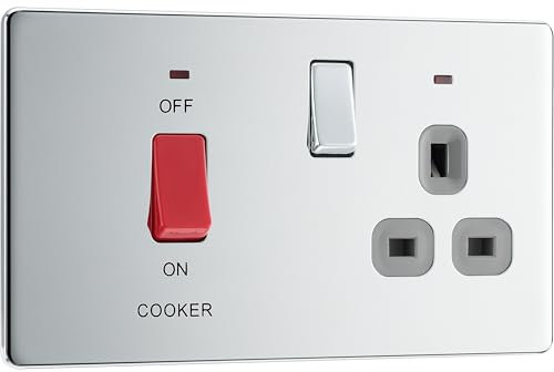 BG Electrical Cooker Switch with Socket and LED, Cooker Control Unit, Control Socket, Double Pole, Screwless Front Plate, Slim Profile, Premium Flatplate, Polished Chrome, Grey Inserts, 45A, FPC70G