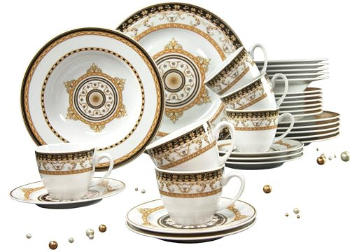 Creatable, 15084, Serie Majestosa schwarz, 30-teiliges Geschirrset für 6 Personen, Kombiservice aus Porzellan, spülmaschinen- und mikrowellengeeignet, Made in Europe