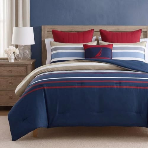 Nautica - King Duvet Cover Set, Cotton Reversible Bedding with Button Closure, Stylish Bedding Set (Bradford Navy/Khaki, King)