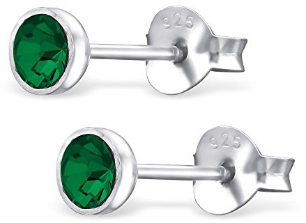 Bungsa Grüne Kristall Ohrstecker .925 STERLING SILVER 3mm rund (Ohrringe Echtschmuck Studs Ohrschmuck Damen Frauen Herren)