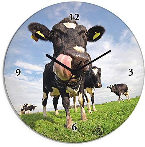 ARTLAND Wanddeko Wanduhr ohne Tickgeräusche Glas Quarzuhr Ø 30 cm Rund Lautlos Tiere Kuh Lustig Ländlich Hipster Originell Landhaus T5WJ