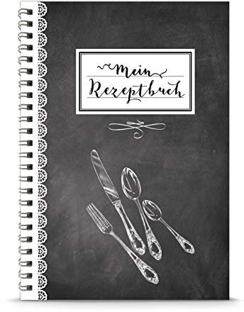 Mein Rezeptbuch Kochbuch zum Selberschreiben, Besteck schwarz weiß anthrazit Kreide Tafel Retro Vintage Look,liniert, DIN A5, Spiralgebunden, Inhaltsverzeichnis und Seitennummerierung