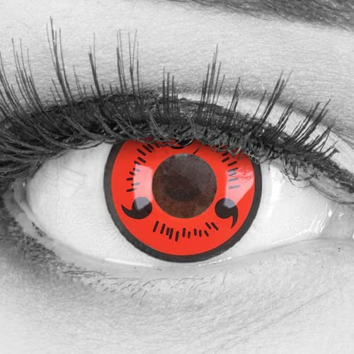 Farbige Funnylens Anime Sharingan Kontaktlinsen Sasuke Kostüm in rot schwarz perfekt zu Manga, Cosplay, Halloween mit gratis Kontaktlinsenbehälter rote 12 Monatslinsen ohne Stärke farbig
