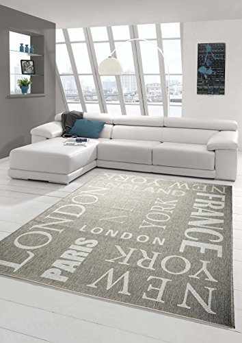 Teppich-Traum Küchenläufer Flachgewebe Teppich Sisal Optik modernes Design Städte New York London Paris City in grau weiß Größe 60x110 cm