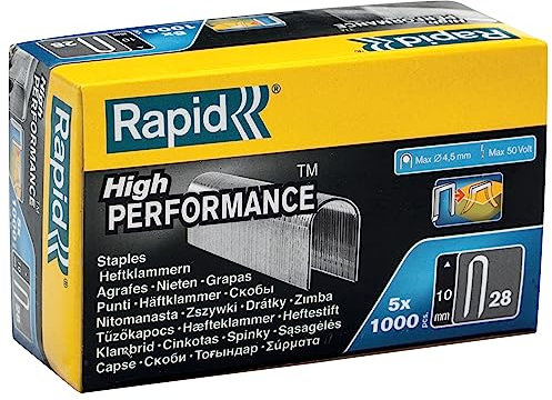 Rapid Tackerklammern Typ 28, 10mm Klammern, 5 x 1.000 Stk. Großspackung, mit runden Rücken für Kabel bis zu 4,5mm