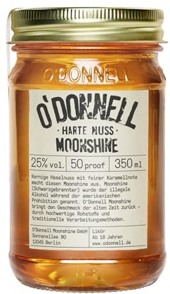 O'Donnell Haselnuss Likör Harte Nuss mit Whiskey & Karamell Aroma (350g) – Made in Berlin – Nusslikör im authentischen Moonshine Whiskey Glas - 25% Spirituose Pur oder als Cocktail genießen