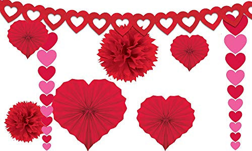 Amscan 240184 - 9-teiliges Deko-Set Valentinstag, Girlande, 3 Girlanden, 2 Papierblumen, 4 Herzfächer, Hochzeit, Rot