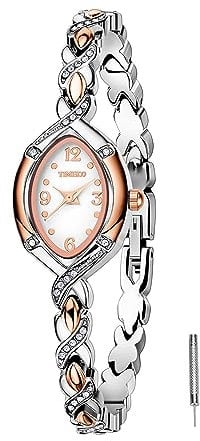 TIME100 Uhr Damen Elegant Oval Gehäuse Minimalistisch Ellipse Zifferblatt Diamant Armband Mini Wasserdicht (Silber)