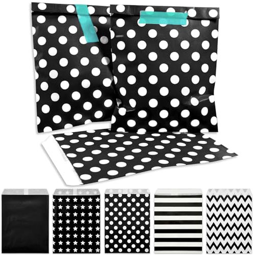 Frau WUNDERVoll® 100 Papiertüten schwarz weiße Punkte, 13 x 16,5 cm, 45 Gramm Papier, flach/Candy Bar, Hochzeit, Kindergeburtstag, Papiertütchen, Candybag, Tüten, Mitgebseltüten