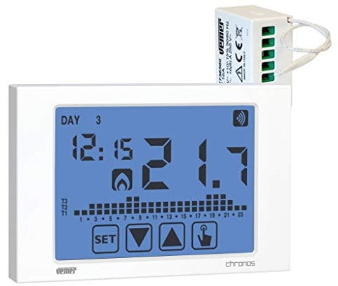 VEMER VE486700 SET CHRONOS RF - Set composto da 1 Cronotermostato Touch Screen da Parete a Batterie + 1 Attuatore Remoto RF, Bianco