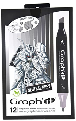 Graph'it - Set de 12 Markers à Alcool Double Pointe : Fine et Biseautée pour Dessin de Manga, Illustration, Colorant, Esquisse, Écriture - Rechargeables - Set Neutral Greys
