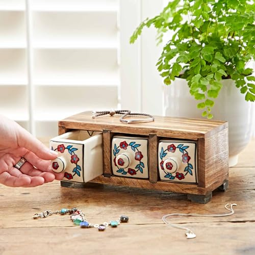 Hand Painted White Floral Ceramic 3 Drawer Chest - 20.5cm x 9cm x 8cm - Trinkets, Spices, Teas, Dried Herbs, Jewellery or Haberdashery Multifunctional Storage