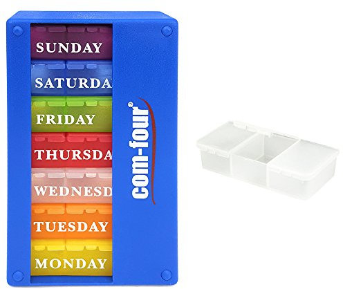 com-four® Medikamentendosierer 7 Tage auf ENGLISCH - Wochendosierer für morgens, mittags, abends - Pillendose mit 3 Fächern für unterwegs [ENGLISCH] (dunkelblau)