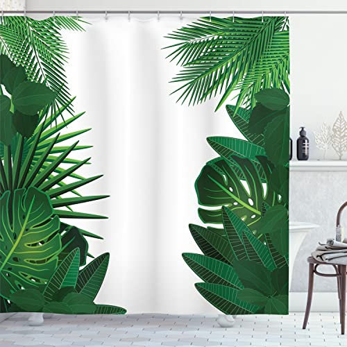 Ambesonne Leaves Decor Shower Curtain Set, Exotic Fantasy Hawaiian Tropical Palm Leaves with Stylish Floral Graphic Illustrated Art, Bathroom Accessories, 75 Inches Long, Green White