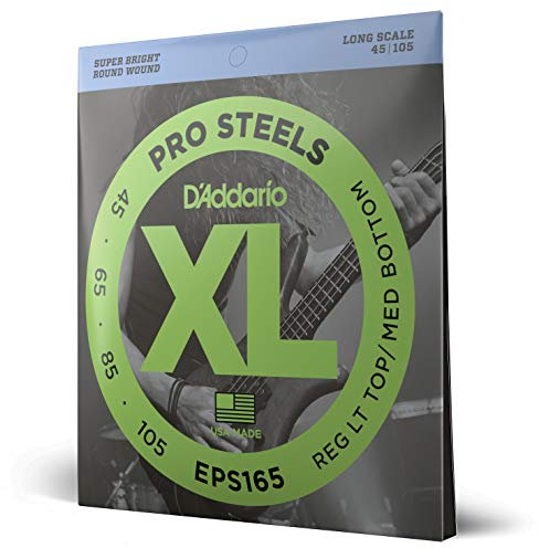 D'Addario Bass Guitar Strings, XL Pro Steels, EPS165, Long Scale, Regular Light Top/Medium Bottom Gauge 45-105, juego de 4 cuerdas, paquete de 1